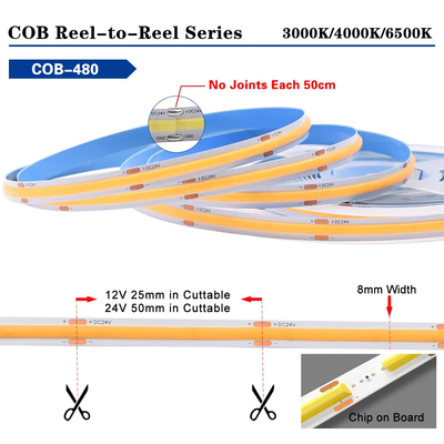 COB LED 스트립 라이트 480LEDs CRI 90+ 균일 빛 점 없는 방수성 IP20 유연성